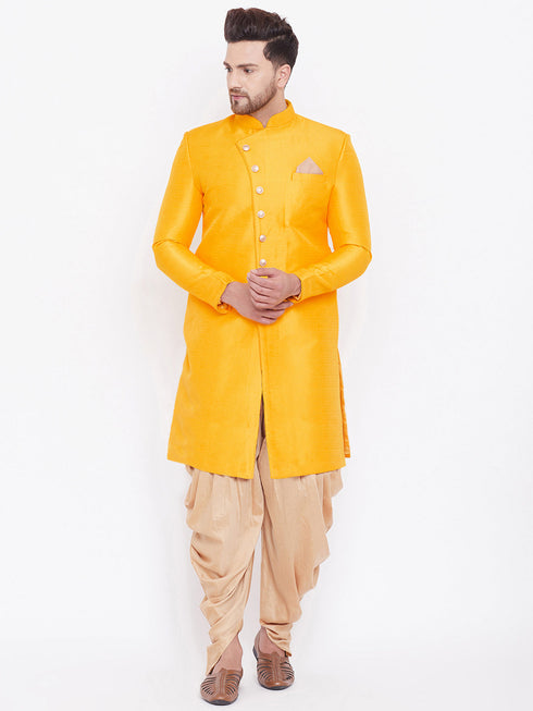 Vastramay Men's Mustard And Rose Gold Silk Blend Sherwani Set